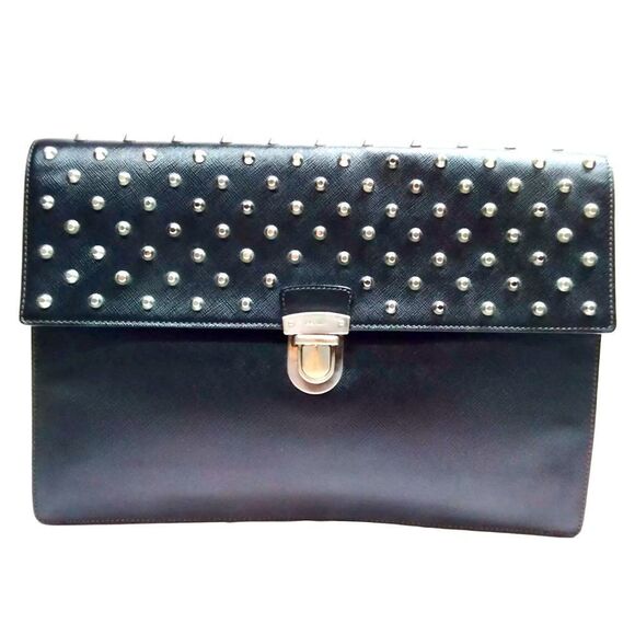 Auth Prada Black Leather Studded Clutch